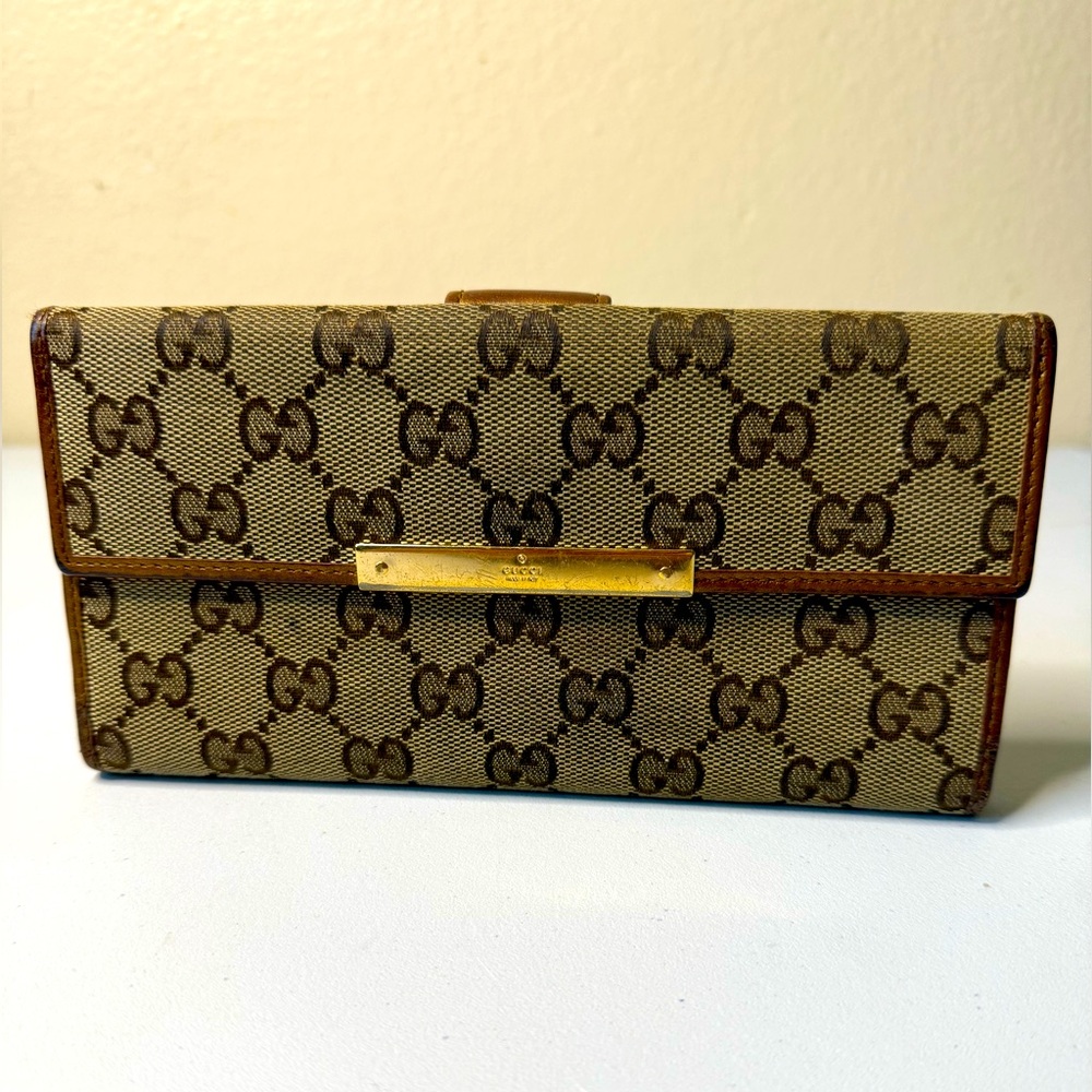 Gucci Monogram Wallet Brown with Metallic Gold hardware